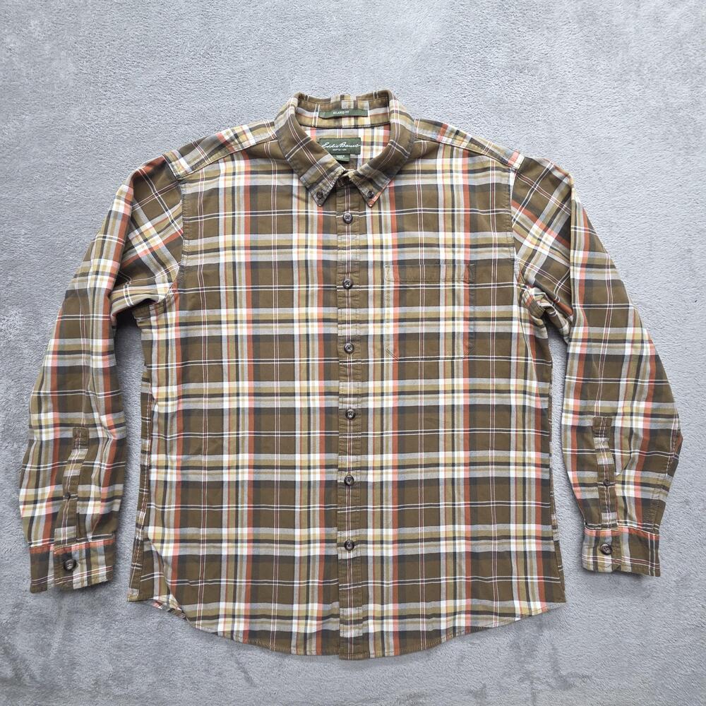 Eddie Bauer Shirt Mens L Brown Plaid Long Sleeve Button Up Relaxed Fit